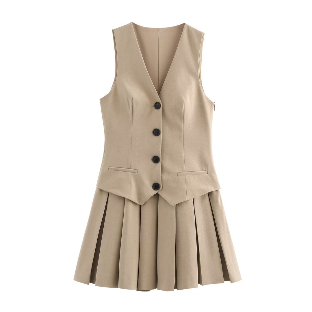 Damen Plissee-Kleid mit tailliertem Oberteil und Knopfleiste Drune