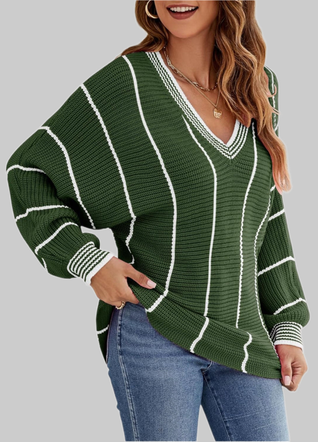 Damen Cropped Strickpullover mit V-Ausschnitt, Waffelstruktur und kontrastierenden Streifen Drune