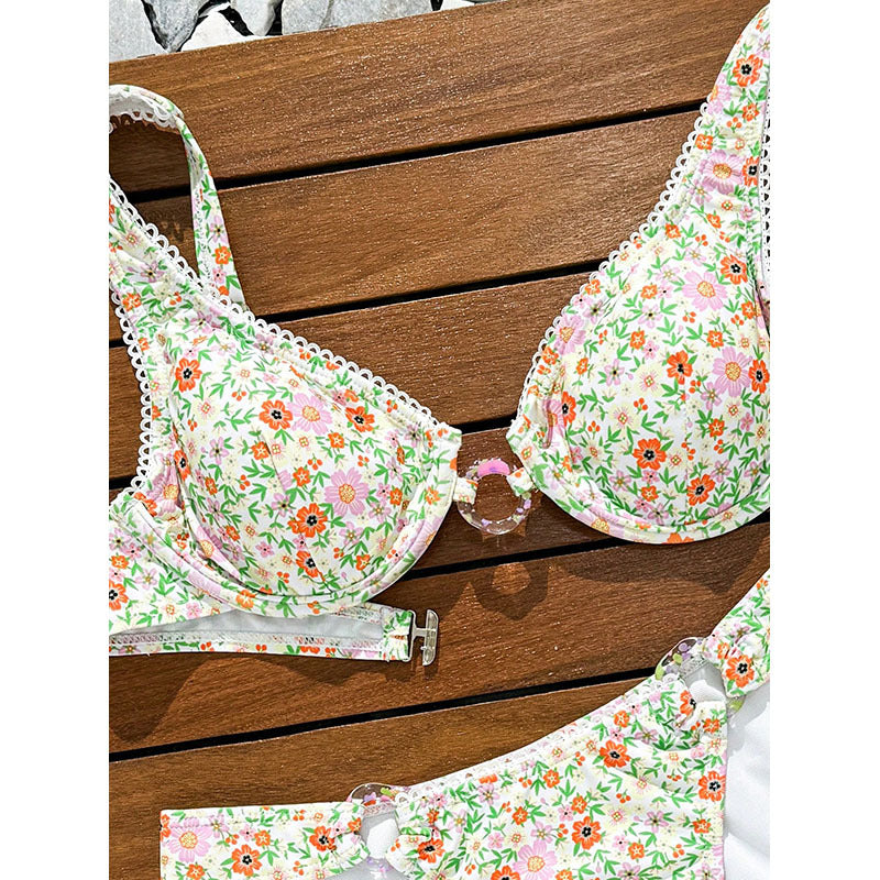 Damen Bikini-Set mit floralem Druck und raffinierten Rüschen Drune