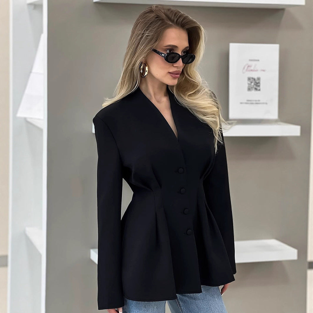 Damen nan figurbetonter Blazer mit Wiener Nähten, bezogenen Knöpfen und taillierter Falten-Silhouette Drune