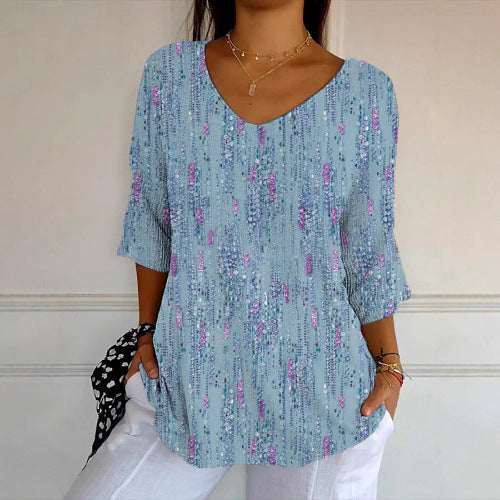Damen V-Ausschnitt Bluse mit buntem Muster und lockerer Passform Drune