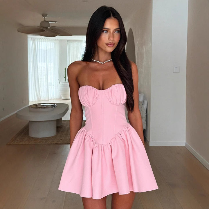 Damen Bustierkleid mit ausgestellt Rock und Raffungen Drune