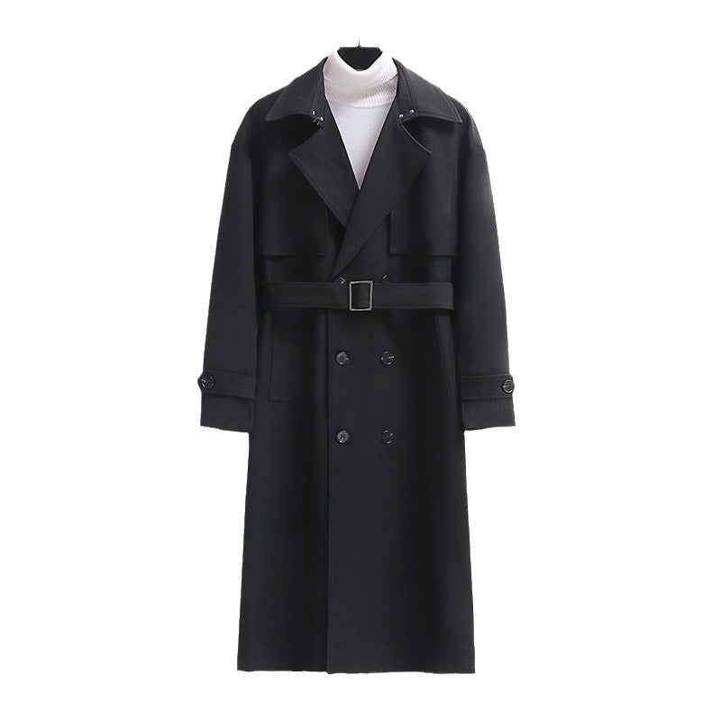 Herren Langer Doppelreihiger Trenchcoat mit Taillengürtel und Oversize‑Schalkragen Drune