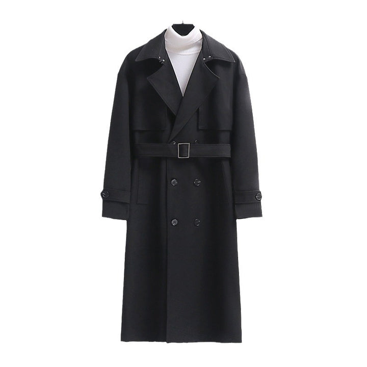 Herren Langer Doppelreihiger Trenchcoat mit Taillengürtel und Oversize‑Schalkragen Drune