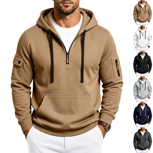 Herren Utility-Halbzip-Kapuzenpullover mit Ärmel-Taschen und Kängurutasche Drune