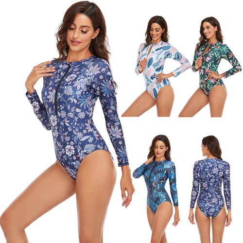 Damen Sportlicher Langarm-Badeanzug mit floralem Muster Drune