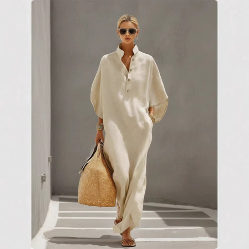 Damen Weites Kaftan-Midikleid mit Stehkragen und 3-Knopf-Blende Drune