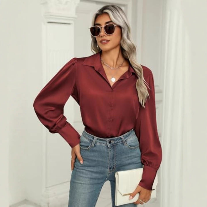 Damen Seidenoptik-Bluse mit Hemdkragen, verdeckter Knopfleiste und langen Manschetten Drune