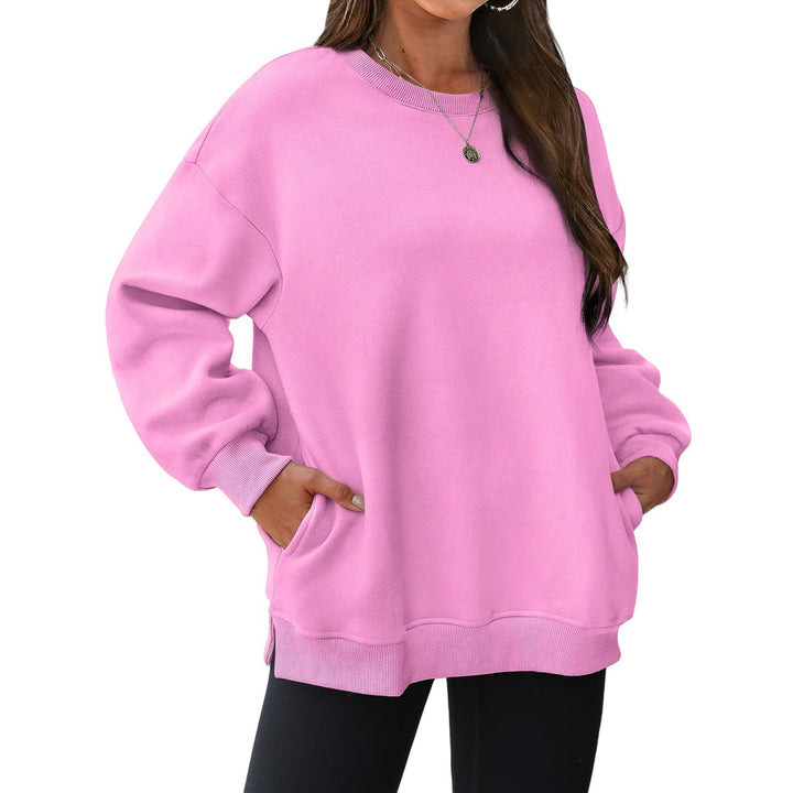 Damen nan verlängertes Oversize Rundhalspullover mit seitlichen Eingrifftaschen, Rippbündchen und überschnittener Schulter Drune