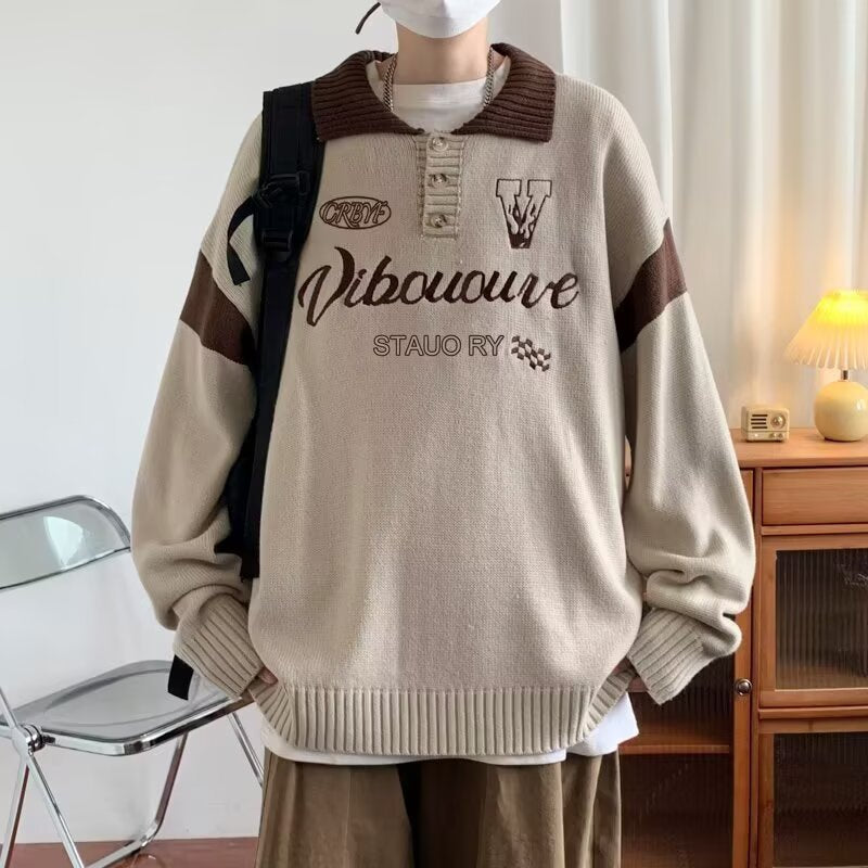 Herren Lässiger Strickpullover mit Polo-Kragen Drune