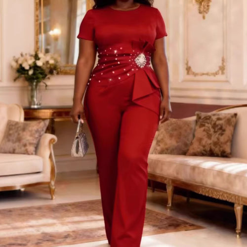 Damen eleganter Jumpsuit mit dekorativem Rüschen-Detail und Perlenakzenten Drune