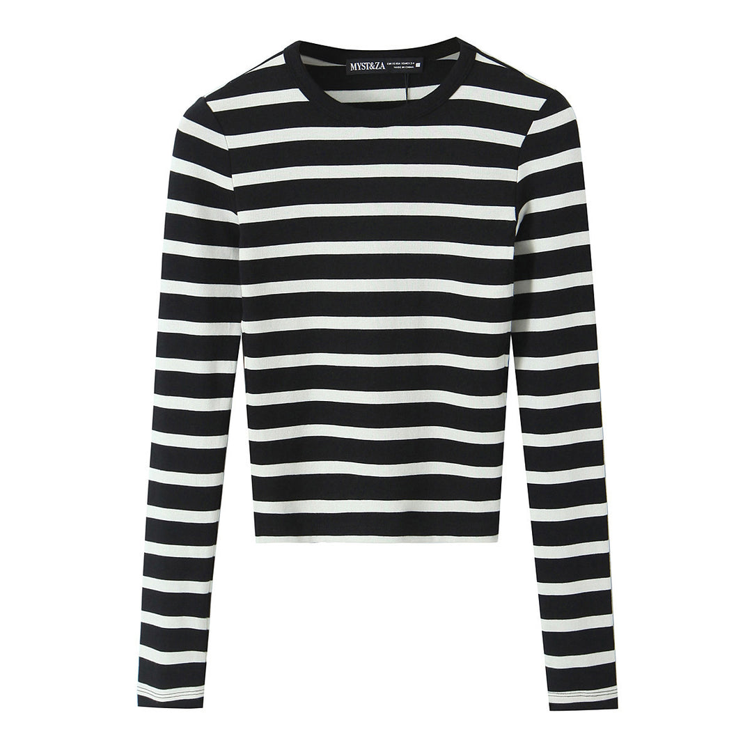 Damen Gestreiftes Cropped-Langarmshirt mit Rundhalsausschnitt Drune