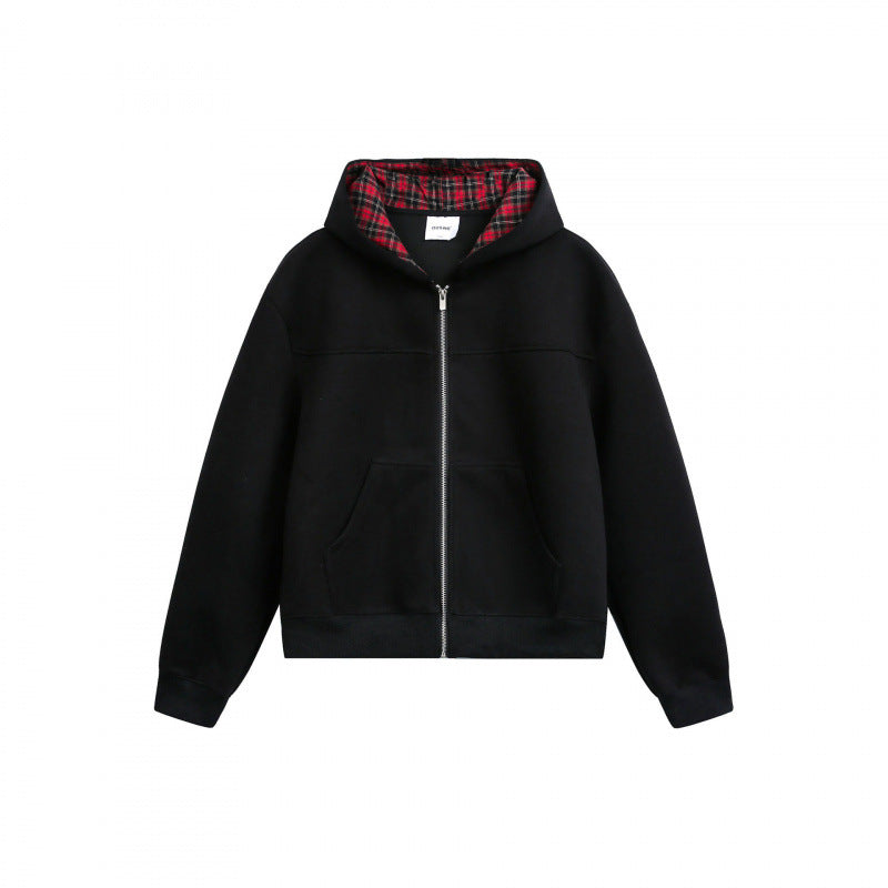 Damen Boxy-Kapuzen-Sweatjacke mit durchgehendem Reißverschluss, kariert gefütterter Kapuze und Kängurutaschen Drune