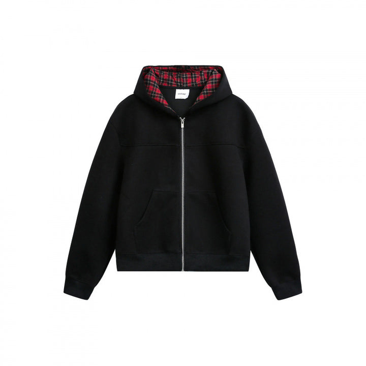 Damen Boxy-Kapuzen-Sweatjacke mit durchgehendem Reißverschluss, kariert gefütterter Kapuze und Kängurutaschen Drune