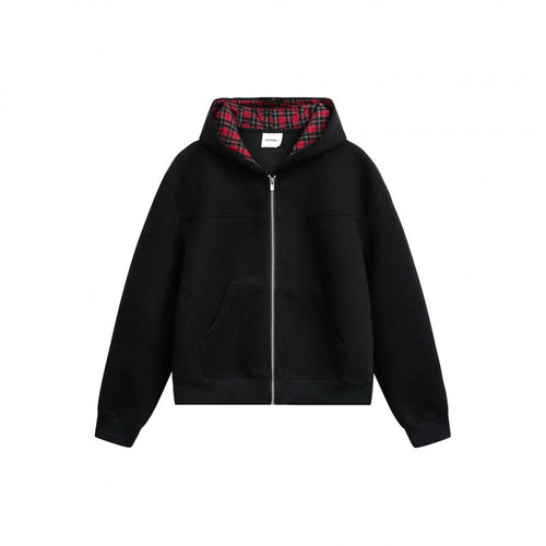 Damen Boxy-Kapuzen-Sweatjacke mit durchgehendem Reißverschluss, kariert gefütterter Kapuze und Kängurutaschen Drune