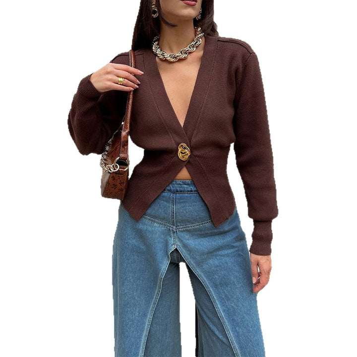 Damen nan taillierter Kurzcardigan mit tiefem V-Ausschnitt und dekorativem Zierknopf Drune
