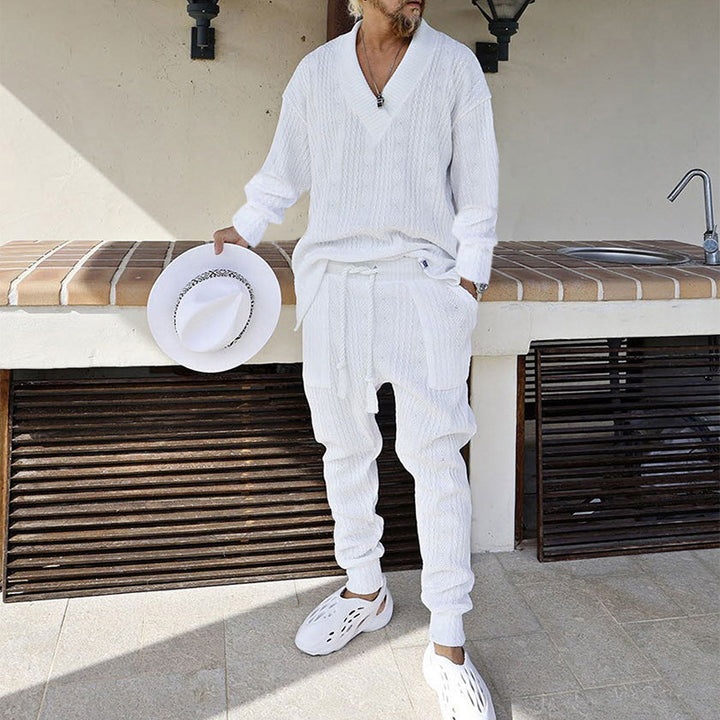 Herren Strukturiertes Strick-Loungewear-Set mit V-Ausschnitt und Tunnelzug-Jogginghose Drune