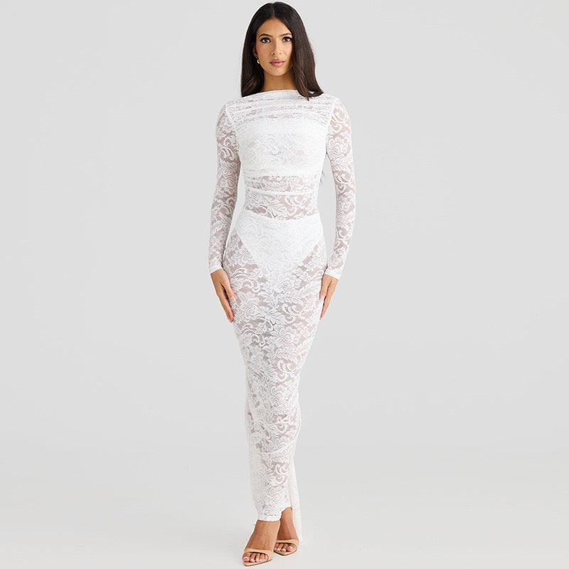Damen Elegantes Spitzenkleid mit langem Arm Drune