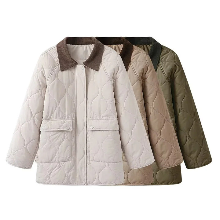 Damen nan gesteppte Jacke mit organischer Wellensteppung, Cordkragen und großzügigen Pattentaschen Drune