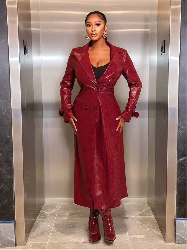Damen Eleganter und modischer Trenchcoat aus Kunstleder Drune