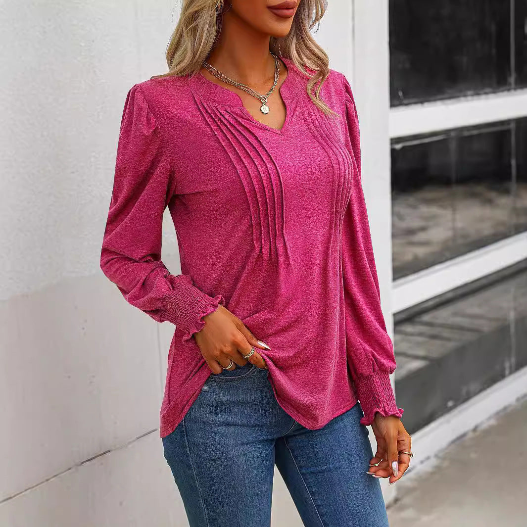 Damen nan Langarmshirt mit V-Ausschnitt, dekorativen Kellerfalten vorn und elastischen Smokbündchen Drune