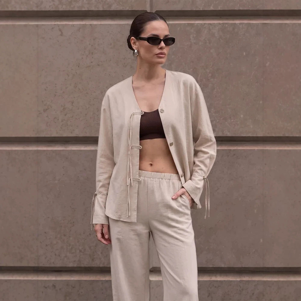 Damen Lässiges Lounge-Set mit V‑Ausschnitt, Knopfleiste und Zugbändern Drune
