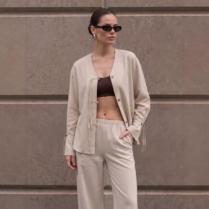 Damen Lässiges Lounge-Set mit V‑Ausschnitt, Knopfleiste und Zugbändern Drune