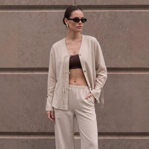 Damen Lässiges Lounge-Set mit V‑Ausschnitt, Knopfleiste und Zugbändern Drune