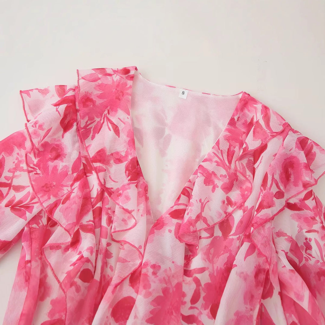 Damen nan fließendes Chiffon-Midikleid mit tiefem V-Ausschnitt, volants und tailliertem Gürtel Drune