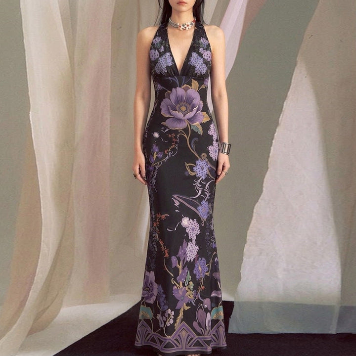 Damen Elegantes Maxikleid mit floralem Design und tiefem V-Ausschnitt Drune