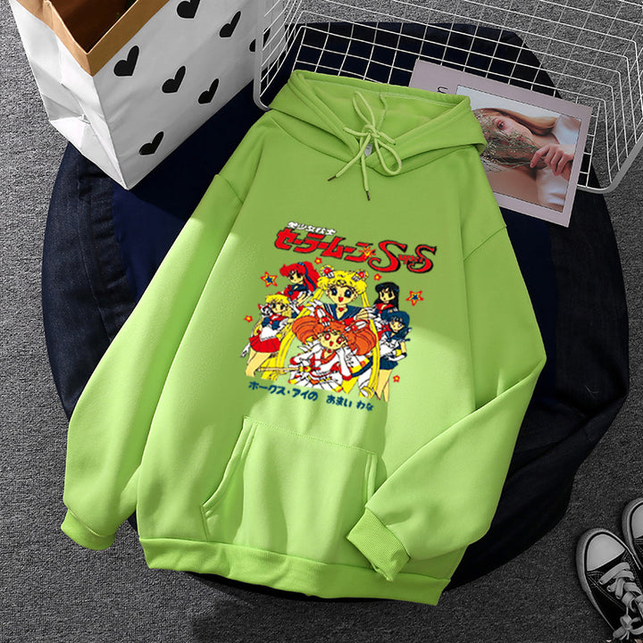 Damen nan Oversize-Kapuzenpullover mit gerautem Fleecefutter, Retro‑Anime‑Print und Kängurutasche Drune