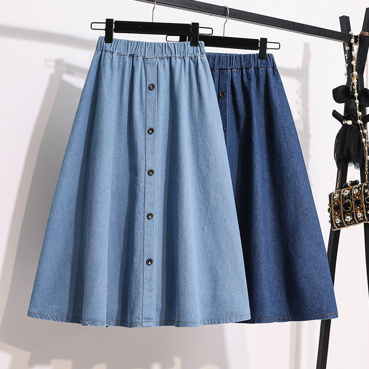 Damen Langer Denim-Rock mit dekorativen Druckknöpfen Drune