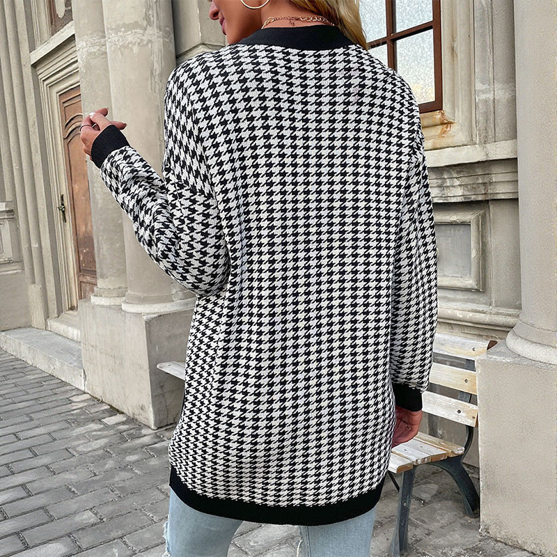 Damen Oversized Strickcardigan mit Hahnentritt-Muster und goldenen Zierknöpfen Drune