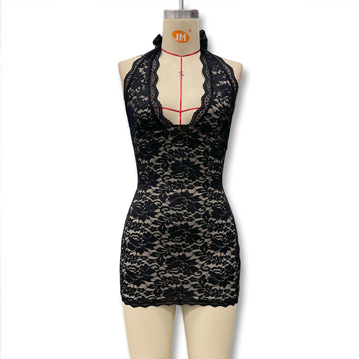 Damen Spitzenkleid mit tiefem Halterneck und figurbetontem Schnitt Drune