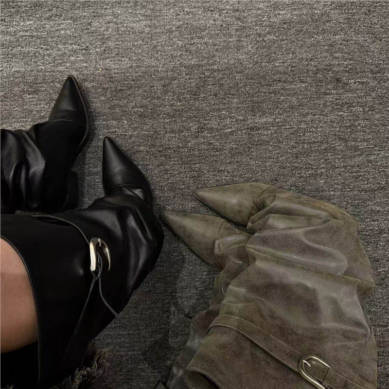 Damen kniehohe Slouch-Stiefel im Vintage-Wildleder-Look mit spitzer Zehenform und dezenter Schnallenmanschette Drune