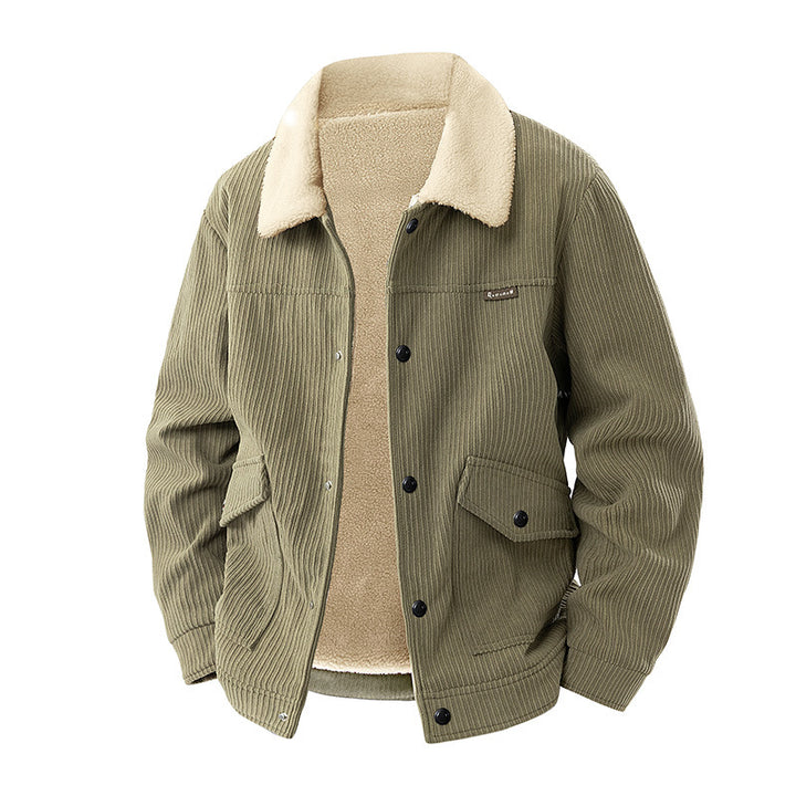Männer's  schwerer geripptes Corduroy-Jacke mit Sherpa-Kragen und Druckknopfklapptaschen Drune