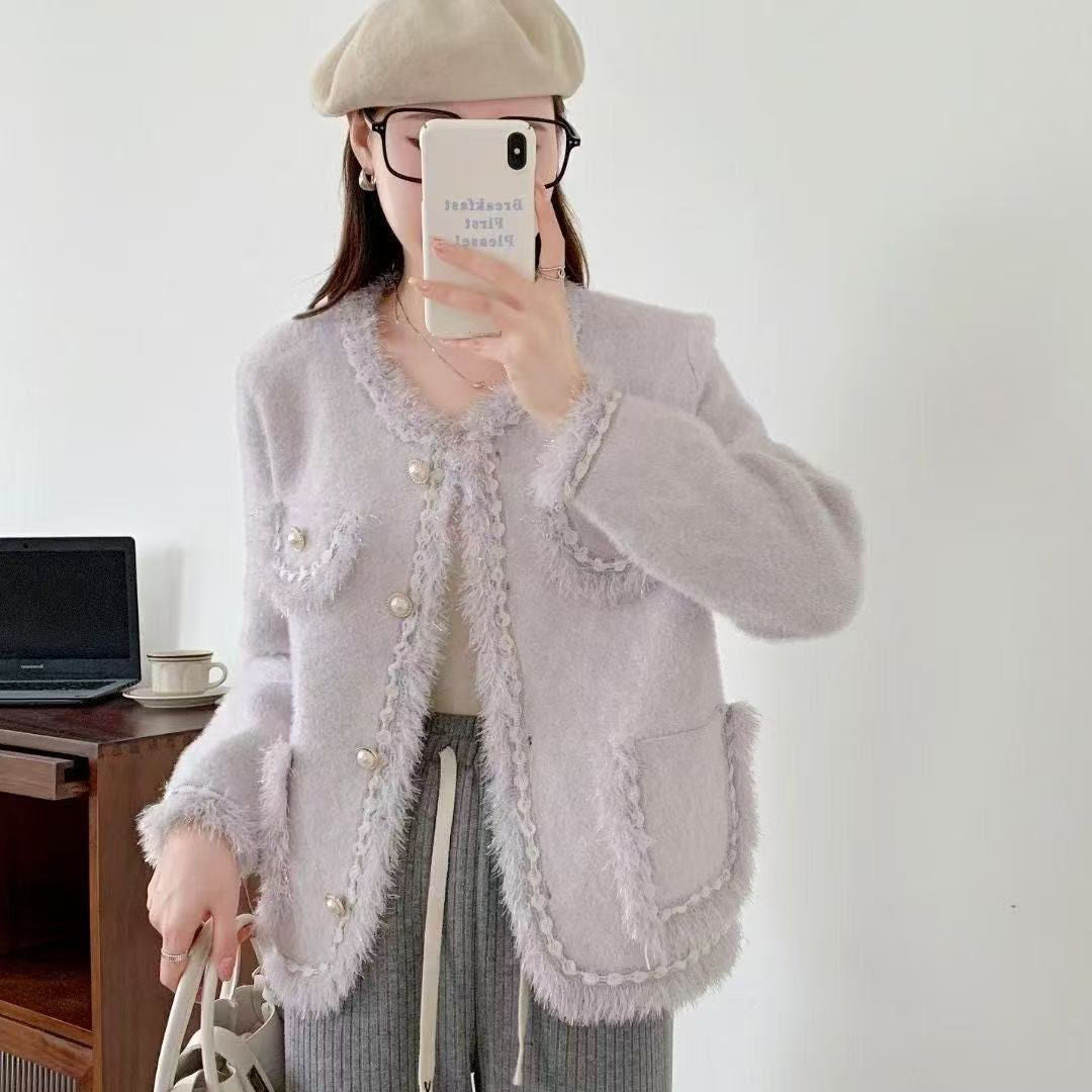 Damen Kuschelige Strickjacke mit dekorativen Perlen und Fransendetails Drune