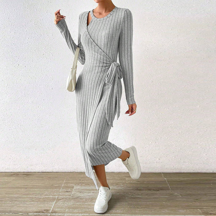 Damen geripptes Midikleid mit Wickeloptik, Taillenbindegürtel, One-Shoulder Cutout und seitlichem Beinschlitz Drune