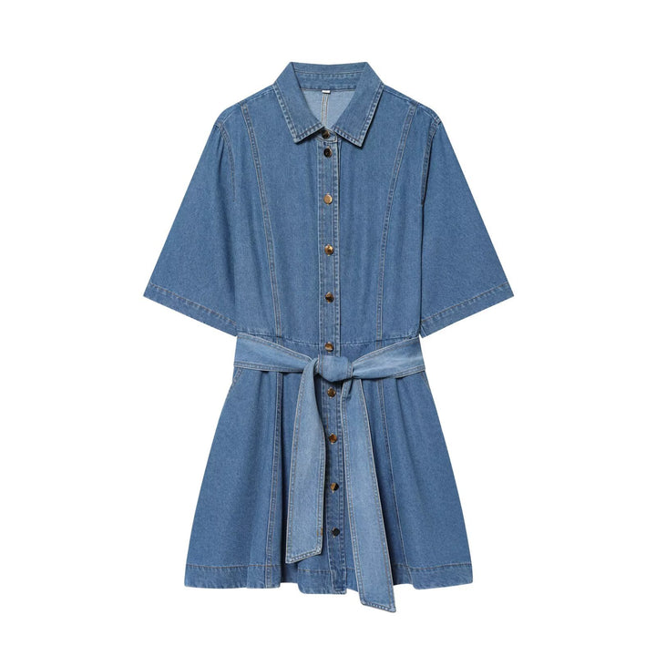 Damen Denim-Hemdblusenkleid mit Taillengürtel und ausgestellter A-Linie Drune