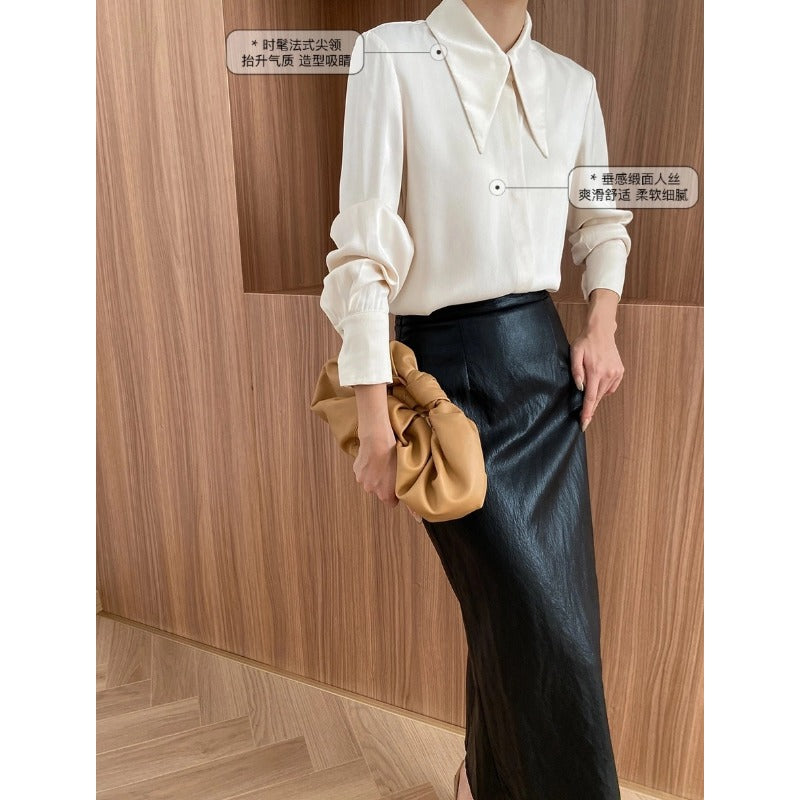 Damen elegantes Oberteil mit klassischem Kragen und schicker Raffung Drune