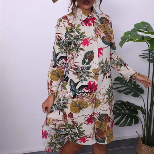 Damen Hemdblusenkleid mit exotischem Blumenmuster Drune