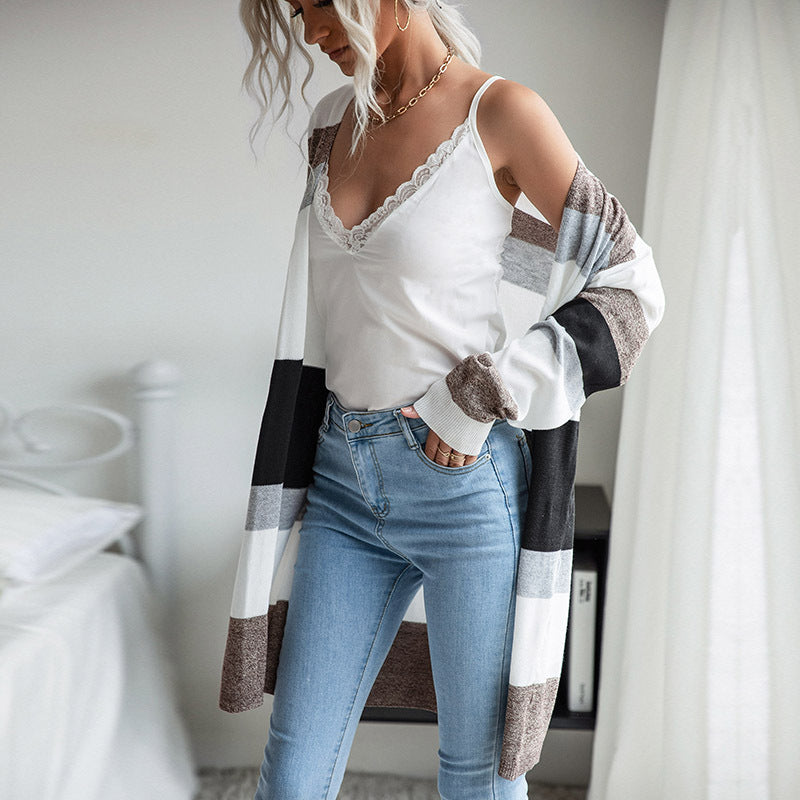 Damen Langer Offener Strickcardigan mit Blockstreifen, Leichtem Fall und Eingrifftaschen Drune