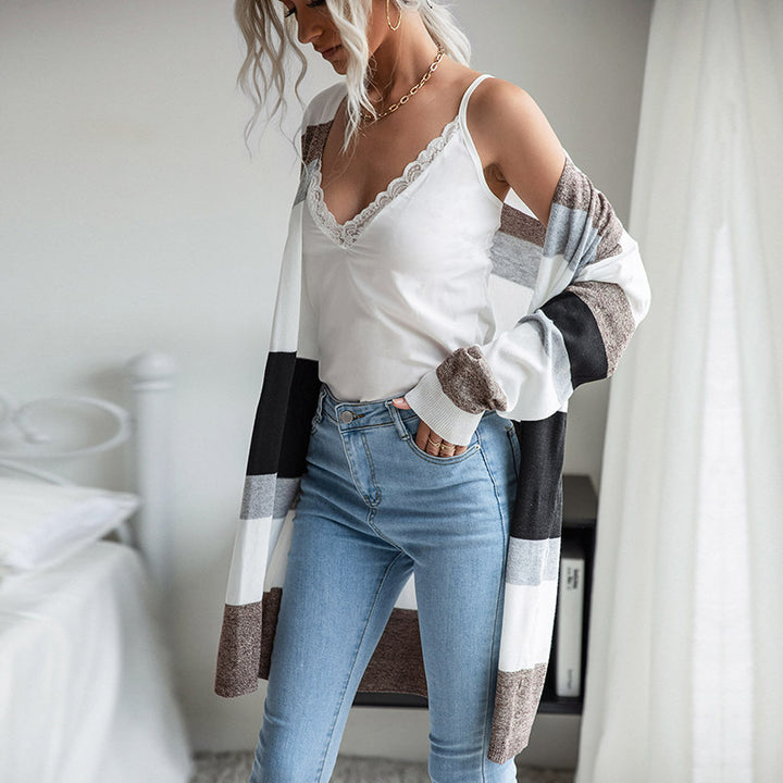 Damen Langer Offener Strickcardigan mit Blockstreifen, Leichtem Fall und Eingrifftaschen Drune