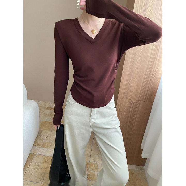 Damen figurbetontes Longsleeve-Oberteil mit tiefem V-Ausschnitt und Raffung Drune