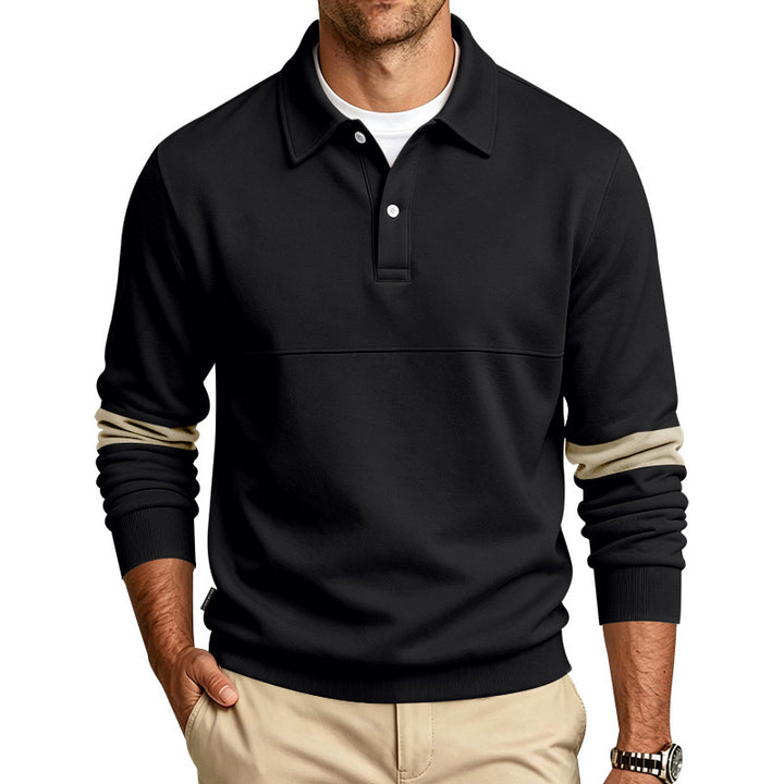 Herren Langärmeliges Poloshirt-Sweatshirt mit verdeckter Knopfleiste, Brustnaht und Kontraststreifen Drune