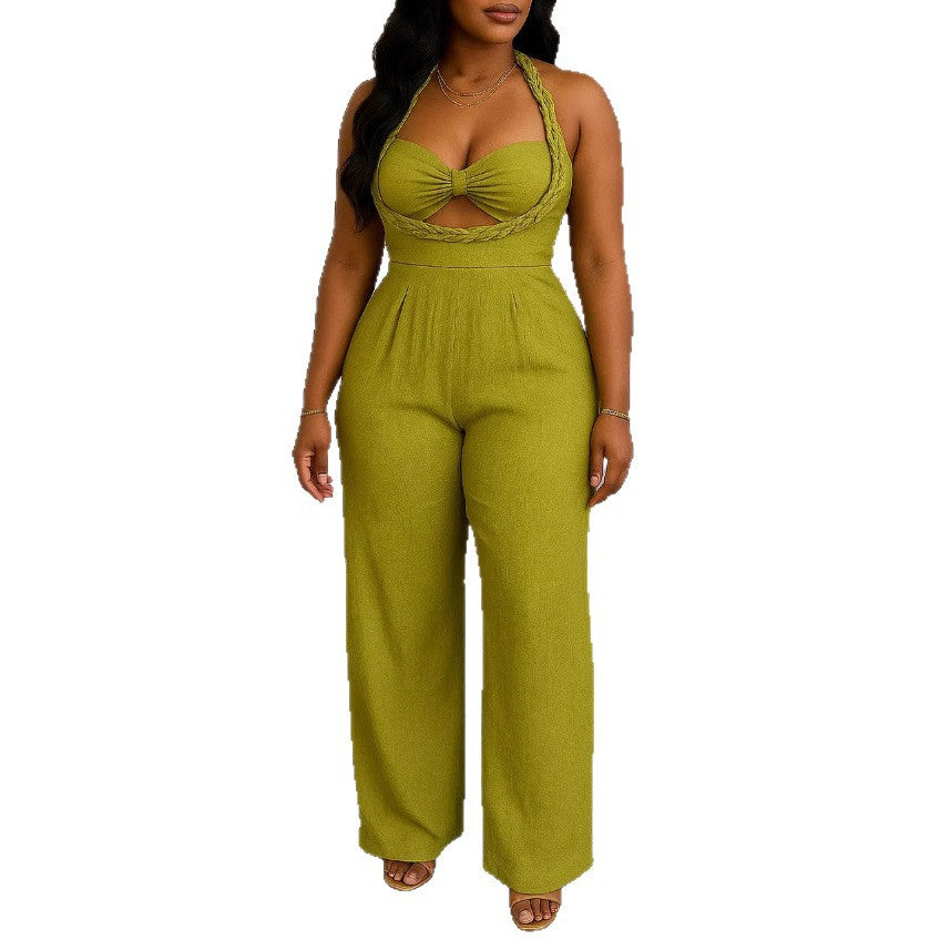 Damen nan taillierter Halter-Einteiler mit geflochtenen Trägern, geknotetem Bustier und weitem Hosenbein Drune