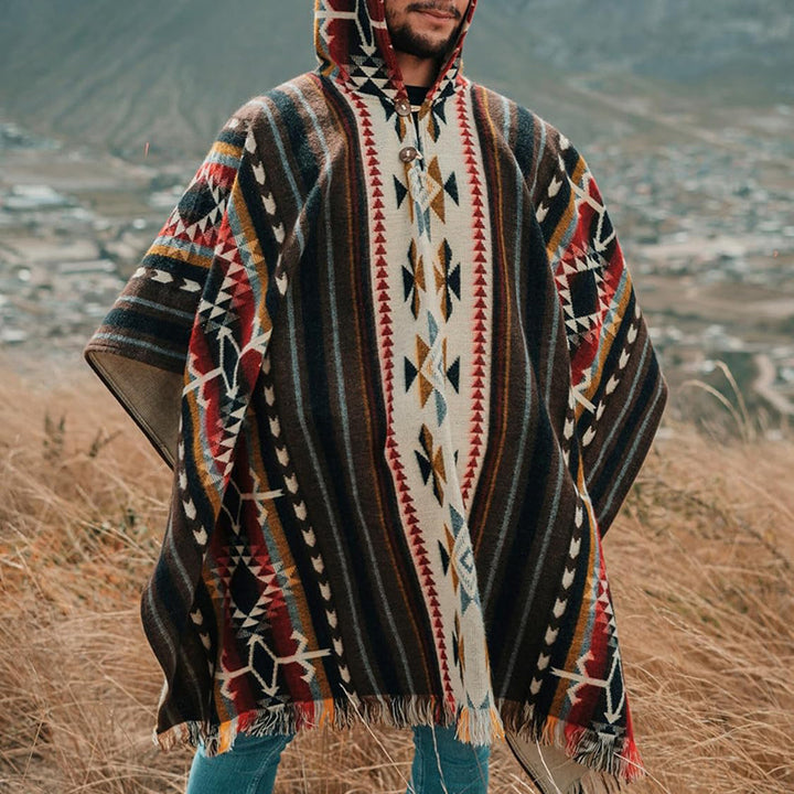 Herren Kapuzenponcho aus Wollmix mit Fransen und Ethno‑Jacquardmuster Drune