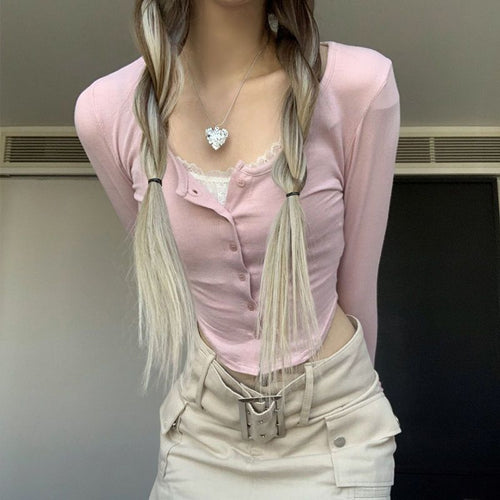 Damen Cropped Langarmshirt mit verspieltem Knopfleisten-Design und raffinierten Trägerdetails Drune