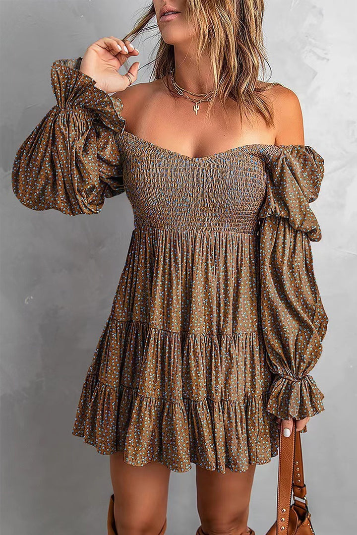 Damen Off-Shoulder Minikleid mit Smok-Oberteil, Volantstufen und gerafften Ballonärmeln Drune