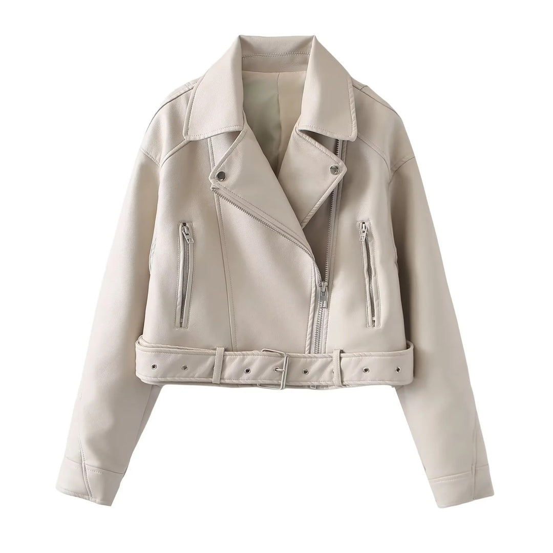 Damen nan kurzer Bikerjacke aus veganem Lederimitat mit asymmetrischem Reißverschluss, Taillengürtel und Schulterklappen Drune